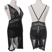 Новинка, большие размеры, черное сексуальное большое платье, глубокий v-образный вырез, открытое женское нижнее белье на спине, кружевное ночное белье, ночная рубашка, платье с стринги, нижнее белье