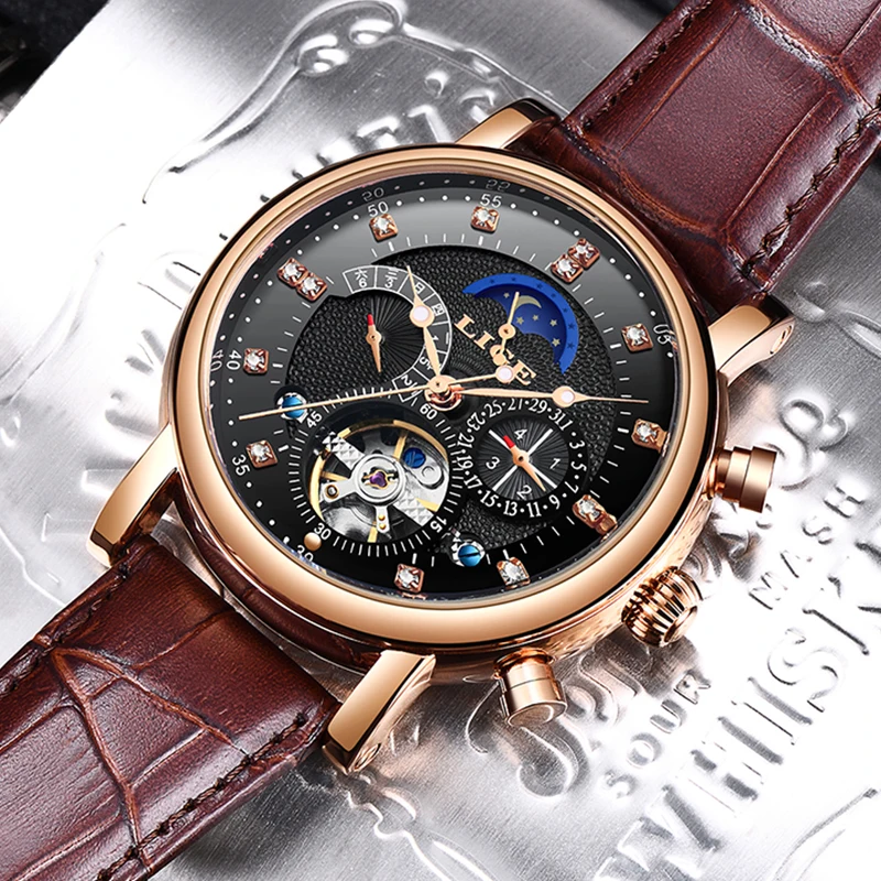 

LIGE Brand Men Watches Automatic Mechanical Watch Tourbillon Sport Clock Leather Casual Business Retro Wristwatch Relojes Hombre