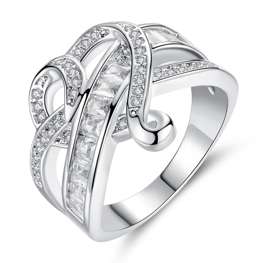 

Fashion Rings For Women Wedding Engagement Two Lines Inlaid With Cubic Zirconia Cross Through Heart-shaped Jewelry Gifts