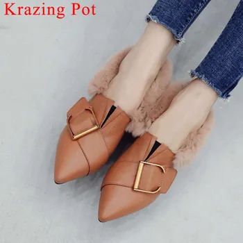 

Krazing Pot natural leather slip on pearls fur decoration metal fastener pointed toe spring autumn simple oxford cozy pumps L85