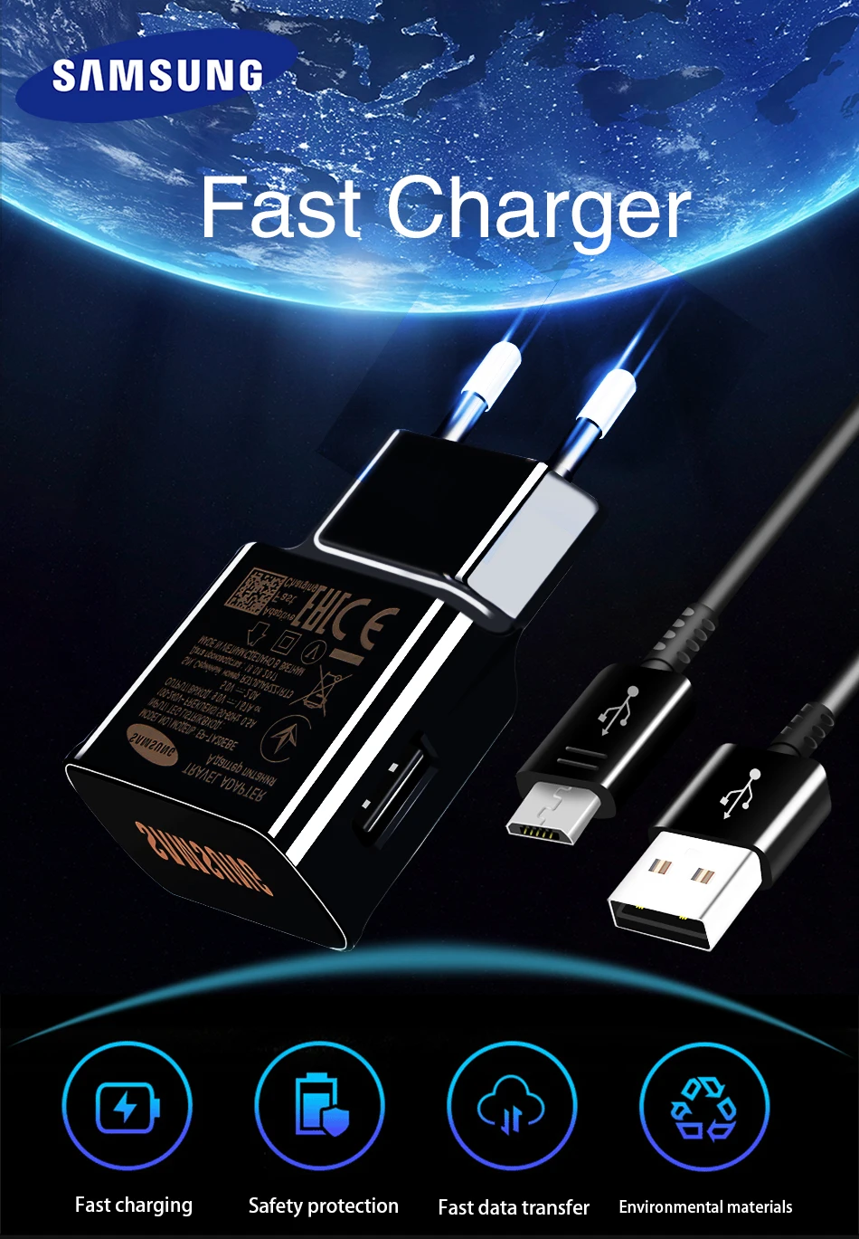 1Samsung Galaxy S6 S7 edge Fast Charger 9V1.67A & 5V2A Travel Adapter 1.2m Micro USB Cable Original Quick Note4 Note5 note edge