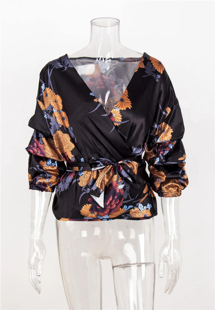 Elegant Women Spring Summer Shirts Boho Style Floral Print Chiffon Tops Blouse V-neck Belt-Bow Shirt Fashion Women's clothing (24)