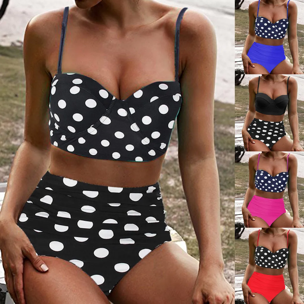 

Women's High Waist Black And White Polka Dot Red Pink Bikinis Swimwear Swimuit Female Retro Beachewear Bikini Set Summer Bathing
