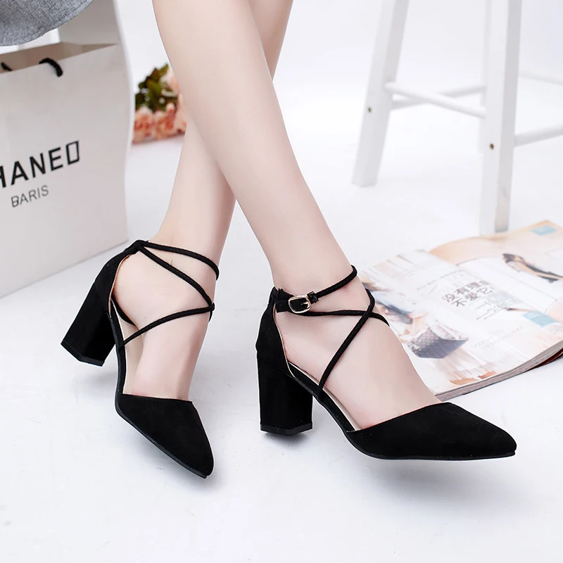 

SLHJC 2019 Summer Autumn Pumps Pointy Toe Chunky High Square Heel Cross Strap Office Lady Heels Shoes Sandals