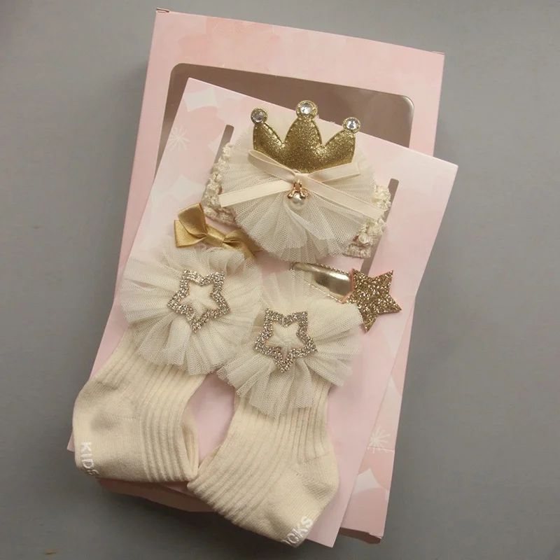 1 пара Хлопковых Носков+ повязки на голову для девочек, Подарочный комплект принцессы, мягкие кружевные носки с цветами для малышей эластичная повязка на голову с бантом, аксессуары - Цвет: B