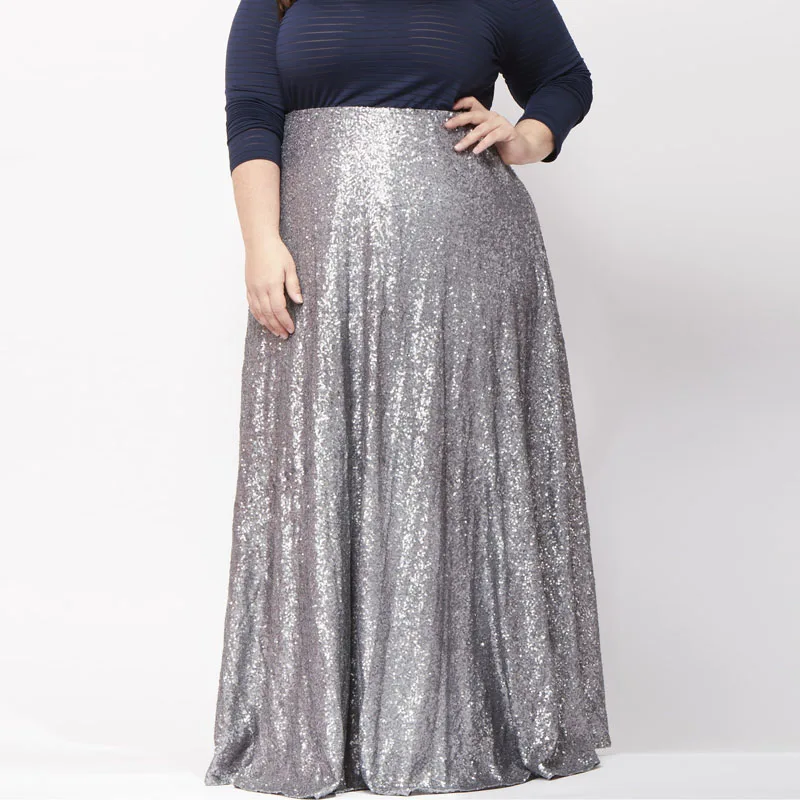 Us 36 71 8 Off Plus Size Silver Sequins Long Skirt High Waist Floor Length A Line Maxi Skirt Sequined Bodycon Mermaid Work Swing Skirts Womens In