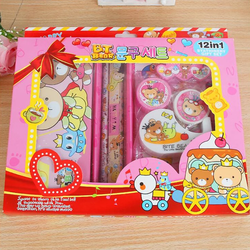 

12 in 1 Multifunction Stationery Set Cartoon Bear Christmas Gift Birthday Present Pencil Eraser Sharpener for Kids Students