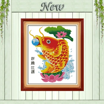 

The lucky fish brings blessing Lotus decor Counted Print on canvas DMC14CT 11CT DIY Cross Stitch Needlework Kits Embroidery Sets