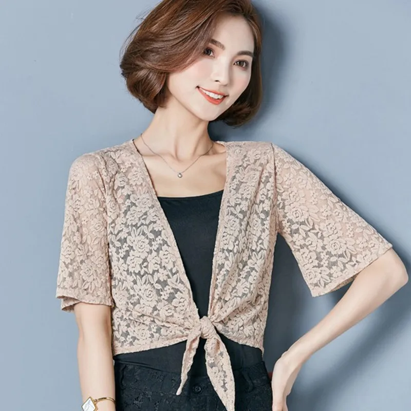 

MLXSLKY 2019 new Summer short small shawl female new large size lace women's cardigan loose short sleeve womens knit cardigan
