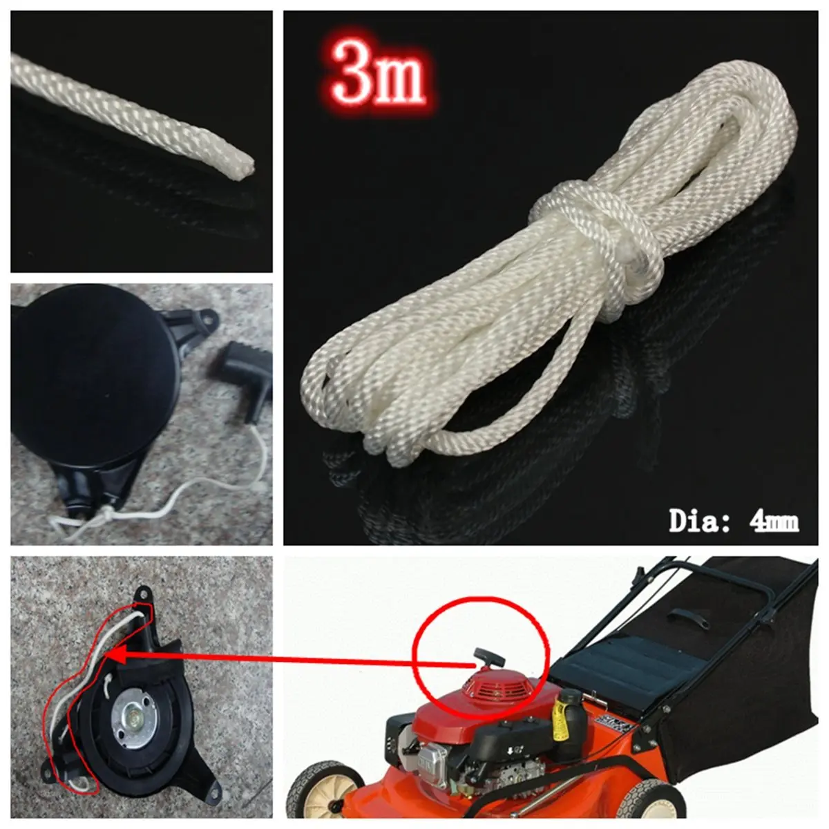 Heavy Duty 4mm x 3m Nylon Pull Starter Recoil Start Cord Rope For