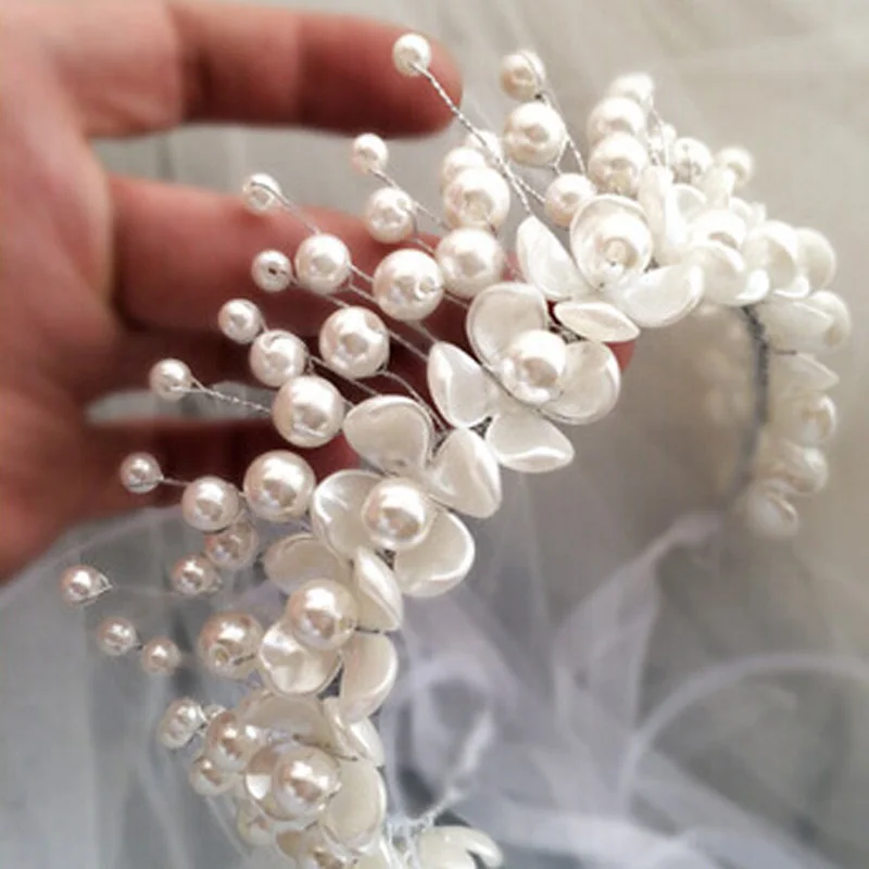 

Luxury Flowers Bridal Hair Vine Pearls Bride Wedding Hair Jewelry Accessories Headpiece Women Crowns Pageant Bibi Mariage