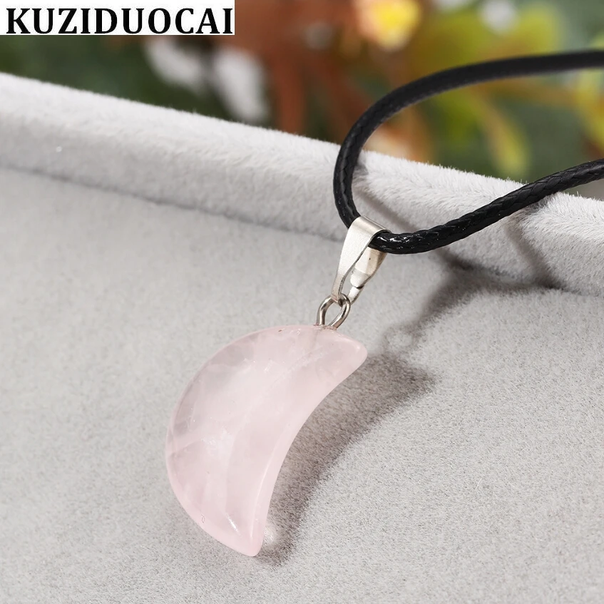 Розовый кварцевый камень Кулон полумесяц ожерелье кожаный чокер с цепочкой
