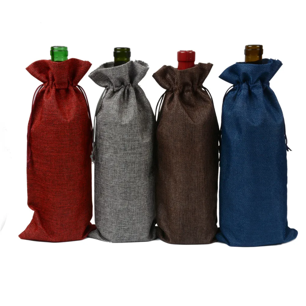 Hot Rustic Natural Jute Hemp Burlap Drawstring Bag Wine Bottle Decor Gift Cover