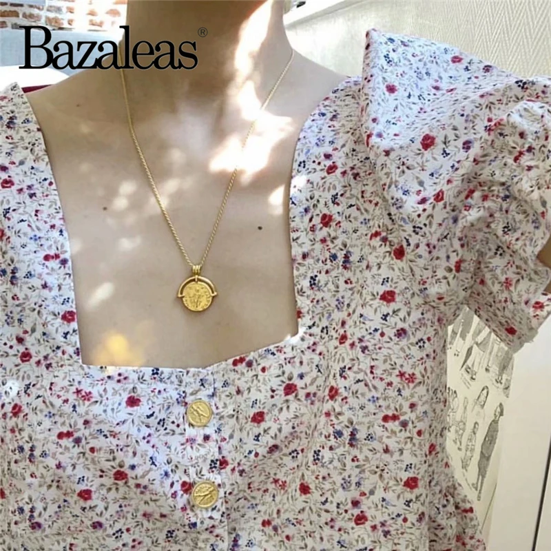 

Bazaleas Vintage Backless Tie Ruffles blusas Chic Floral Print Cropped Blouse Buttons Blusa Feminina drop shipping