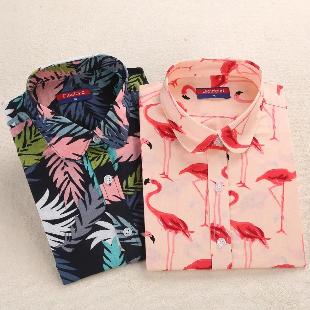 Dioufond Antumn Cotton Women Flamingo Blouse Floral Printed Ladies Long