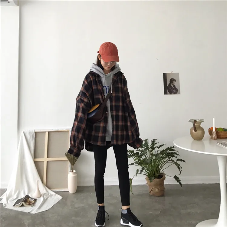 Harajuku Outono Xadrez Seção Fina lã Cardigan Coreano Puff Manga Magro Camisa Quente Jaqueta Retro Casual Feminino Botão Superior 2019 14 jaqueta retro casual feminino botão superior