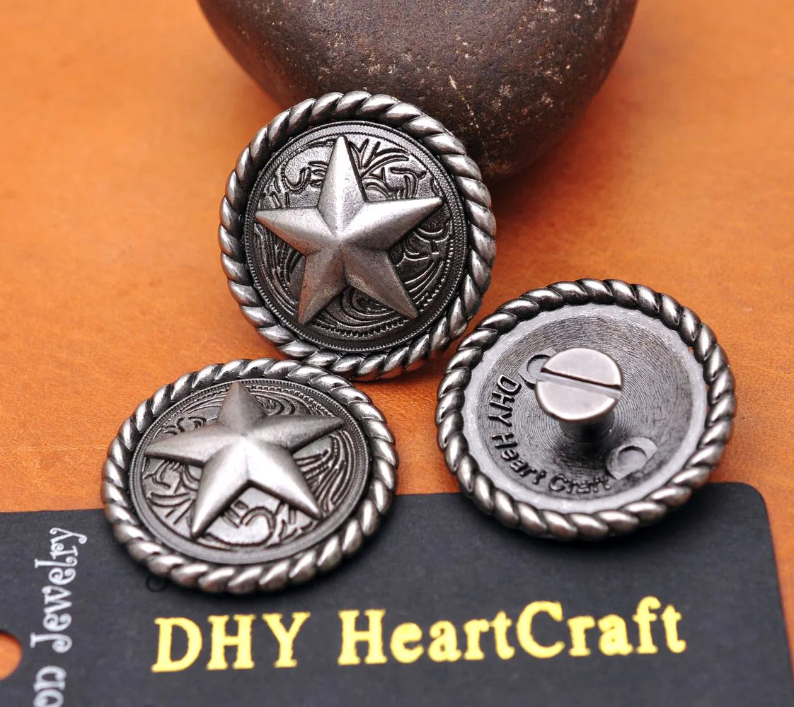 Набор из 10 старинных никелированных круглых веревок EDGE TEXAS RANGER STAR WESTERN SADDLE LEATHERCRAFT METAL CONCHOS 1-1/4"