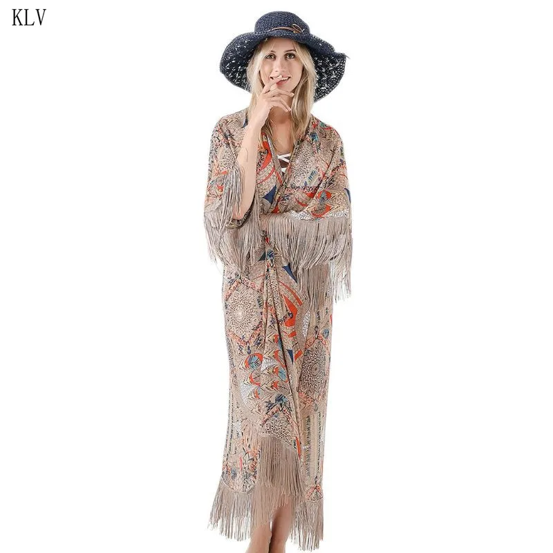 Womens Summer Half Sleeve Chiffon Cardigan Boho Retro Floral Printed Fringed Tassels Bikini Cover Up Ankle Length Kimono Cape