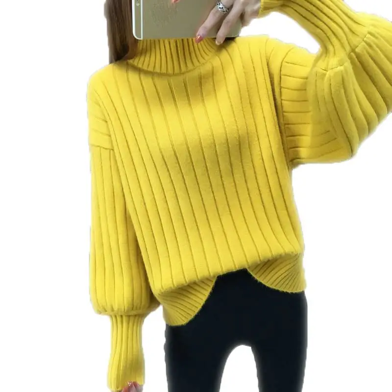 Водолазка осень-зима Oversize Новинки для женщин модные Вязание пуловеры женский свободный Повседневное Фонари рукавом свитера Одежда F70