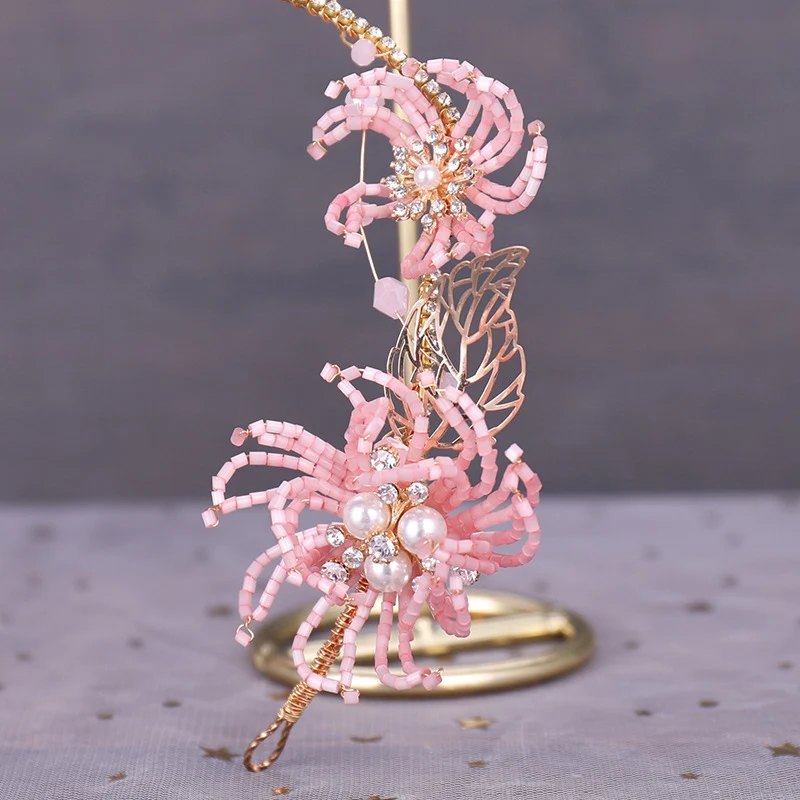 Pink Flower Beads Bride Headband Earring Set Crystal Pearl Women Tiara Headpiece Jewelry Sets Wedding Bridal Hair Accessories VL