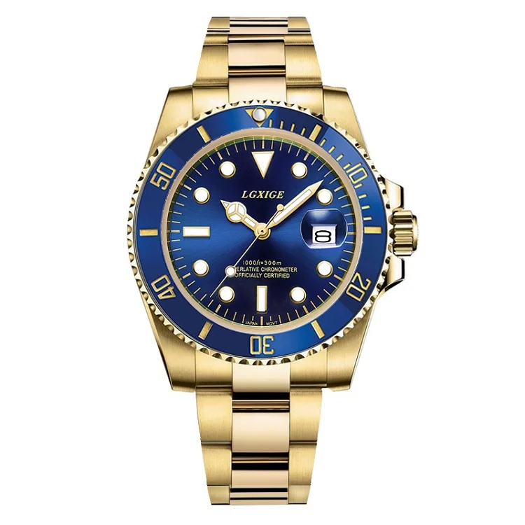 Золотые мужские часы Топ Бренд роскошные часы-для мужчин бизнес Дата полностью нержавеющая сталь наручные часы meskie diver relogio masculino - Цвет: Gold Blue