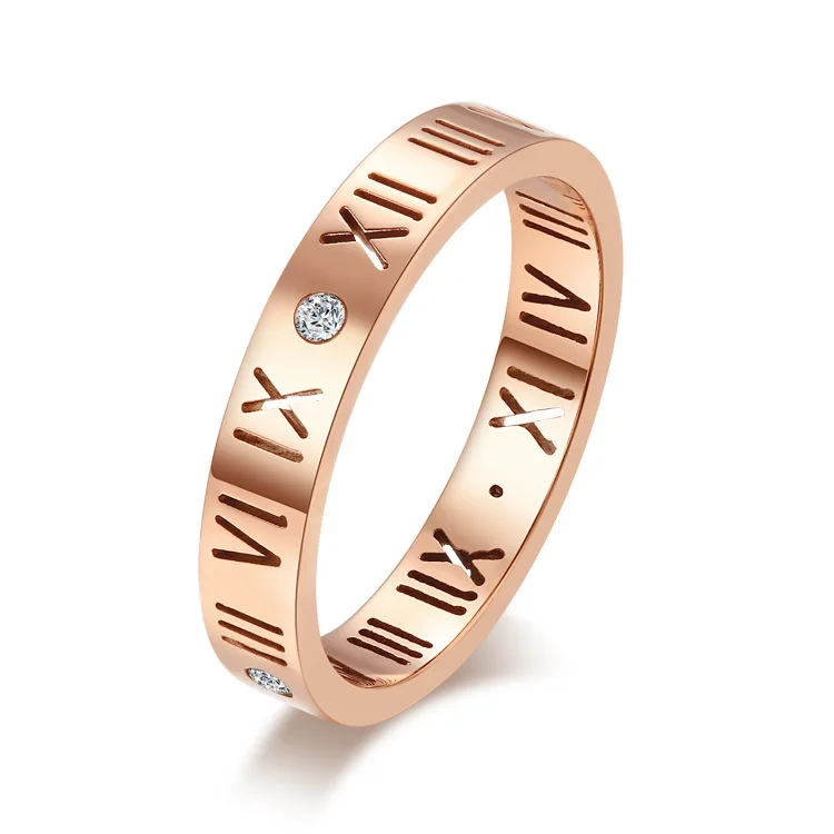 

2016 Hot Selling jewelry Metal Stainless Steel Mens Women Rose Gold Cubic Zirconia Ring, Roman Numerals Gift FREE SHIPPING
