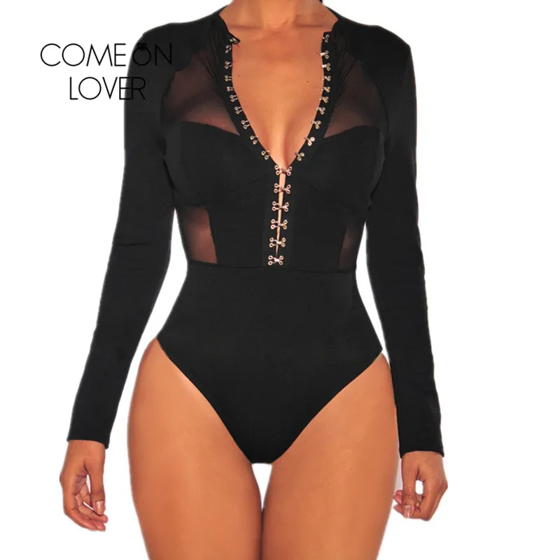 

Comeonlover Sexy Bodysuit V neck Transparent Bodysuit Big Size Long Sleeve Playsuits And Jumpsuits Sale Lace Bodysuit RI80753