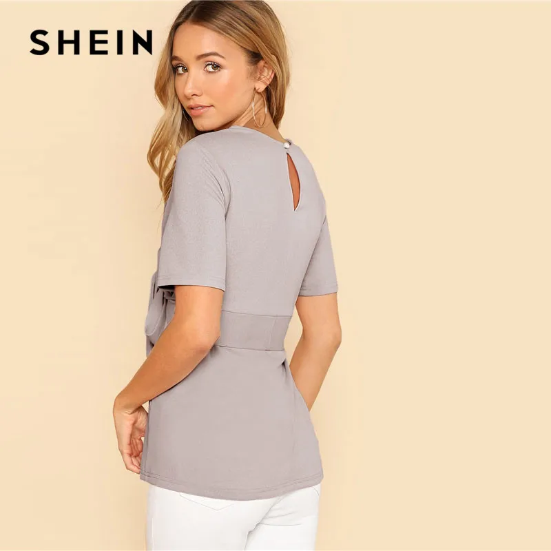 SHEIN Однотонная Блуза С Поясом Женские Летние Элегантные Блузки С Коротким Рукавом