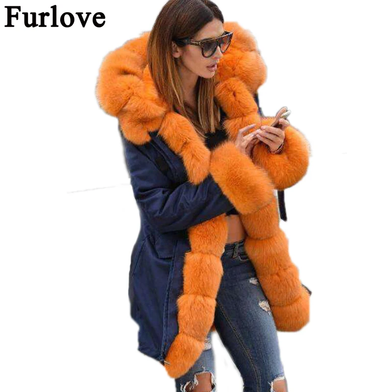 

Furlove 2017 new parka real fur coat winter jacket women natural big fox Fur Collar hooded Thick Warm Faux Fur liner parkas