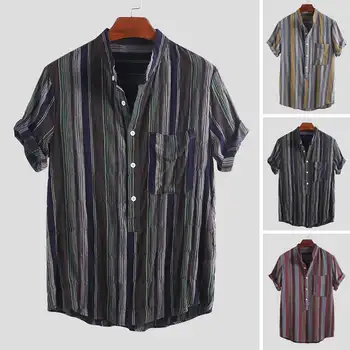 

Summer Vintage Casual Shirts Men Striped Stand Collar Button High Quality Streetwear Camisa Short Sleeve Brand Shirt Hombre 2019