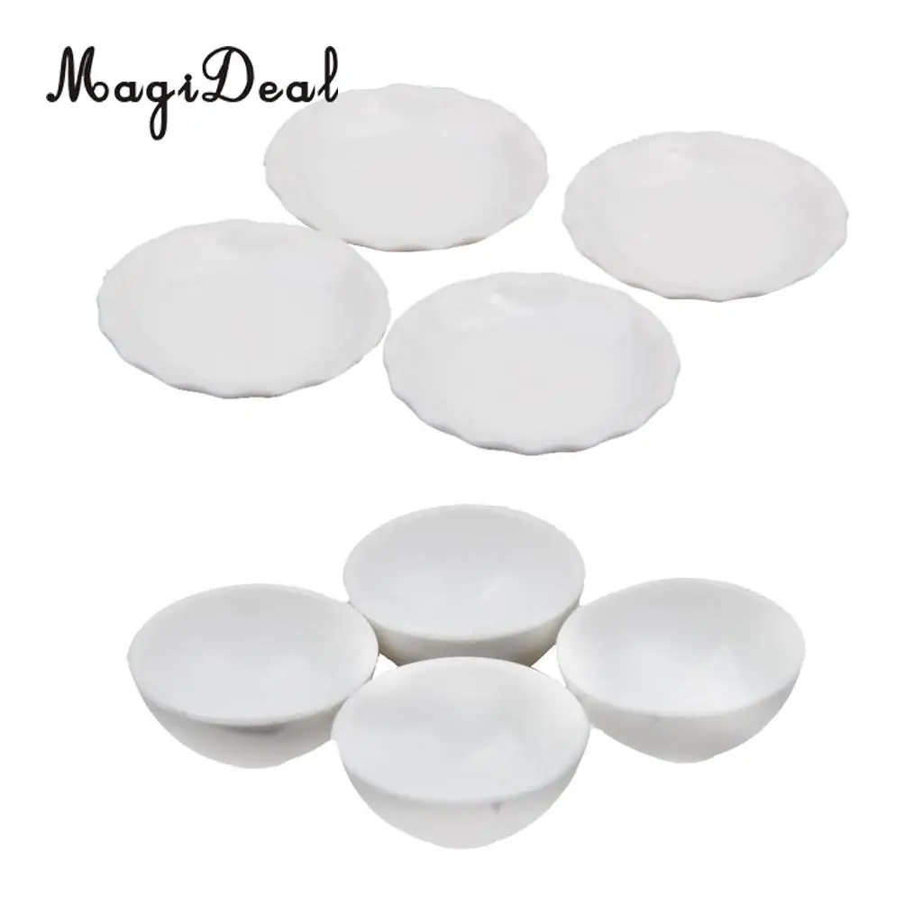 1/12 Scale Dollhouse Miniature White Ceramic Bowls Dishes Plate Kitchen Tableware for Dolls House Life Scenes Pretend Play Toys