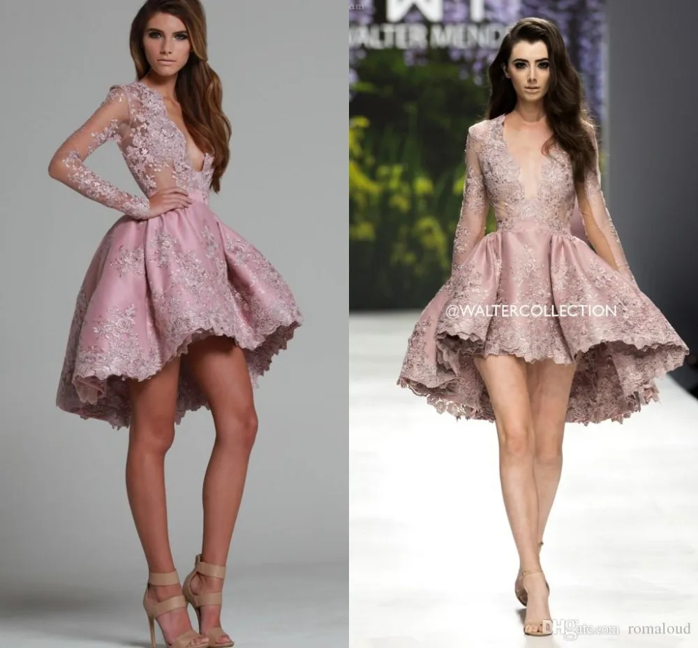

2019 Sexy Pink Short Long Sleeves High Low Cocktail Party Dresses Plunging Lace Appliques Hi-lo Short Prom Dresses Custom Made