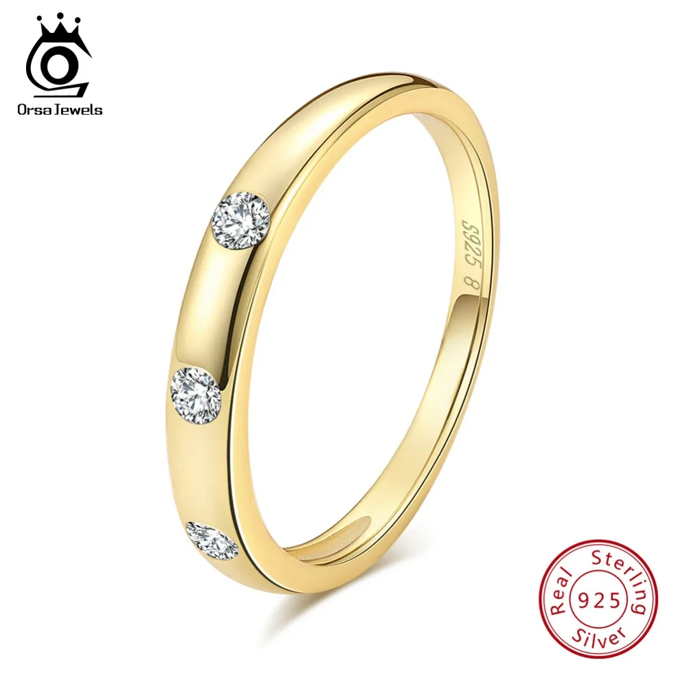 ORSA JEWELS 925 Sterling Silver Women Rings Classic Wedding Band AAA Zircon Gold-color Fashion Engagement Ring Jewelry SR67-G