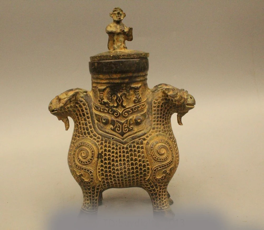 

11" Ancient Chinese Dynasty Bronze Wine Two Face Sheep Bird Pot Zun Bottle Vase