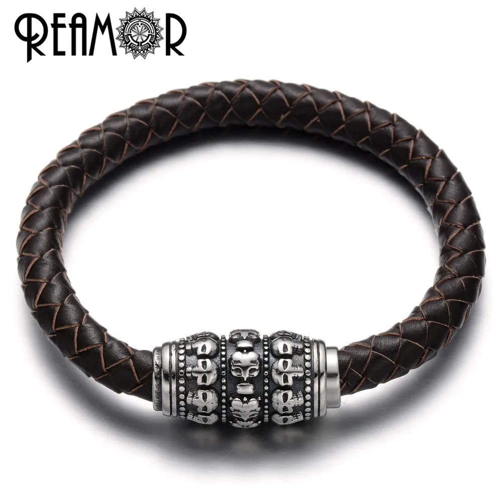 

REAMOR 5 Types 17-21cm Punk 316l Stainless steel Skull Head Magnetic Clasp Genuine Leather Charm Bracelets&Bangle Men Jewelry