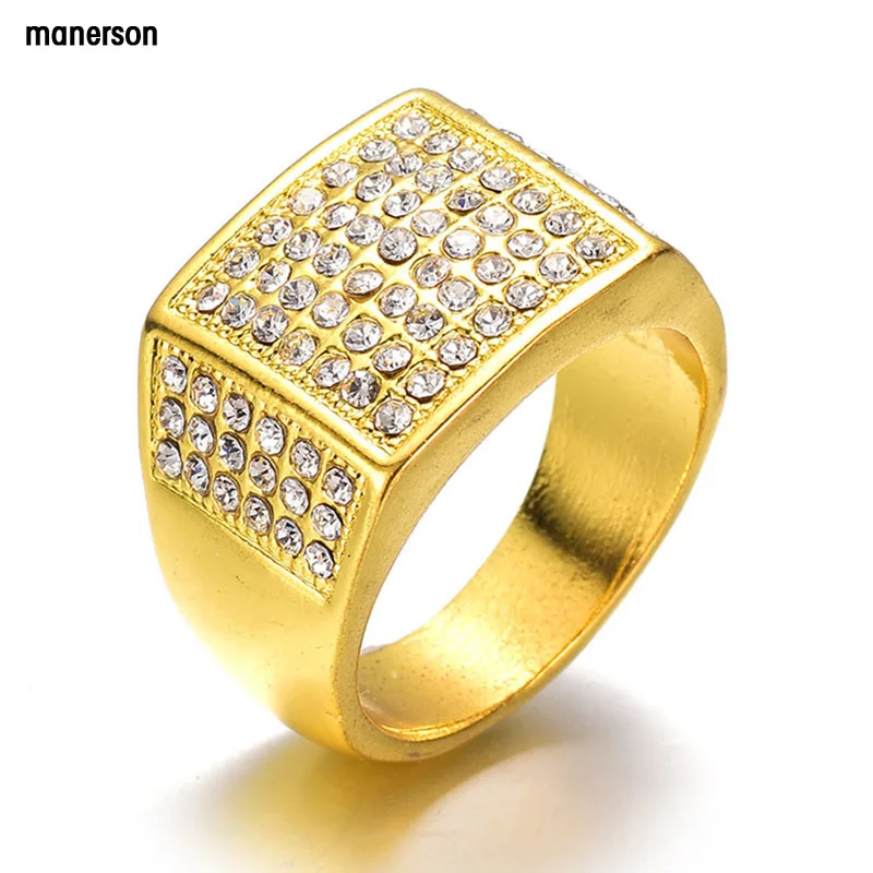 

Manerson New HIP Hop Full Micro Pave Rhinestone Iced Out Bling Square Ring Gold Color Stainless Steel Rings for Men Jewelry