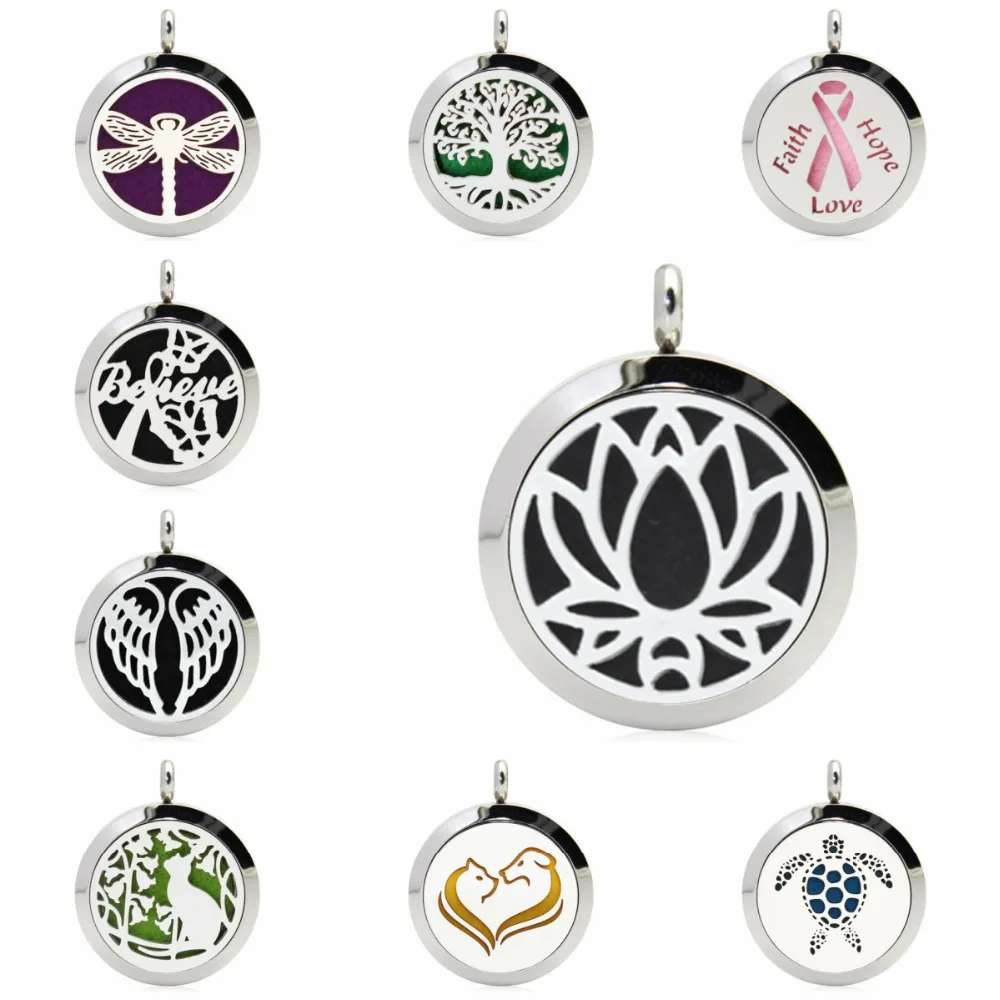 

Lotus Flower Tree Of Life 25mm Stainless Steel Essential Oil Aromatherapy Perfume Diffuser Locket Necklace Pendant 10pcs Pads