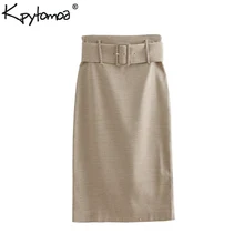 Винтажная шикарная базовая юбка миди с поясом и узором «гусиная лапка» Для женщин, модная клетчатая Офисная Женская повседневная юбка Faldas Mujer
