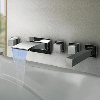 

LED Changing Color Waterfall Spout Bathtub Mixer Tap 3 Handles Faucet with Hand Shower Chrome Finish