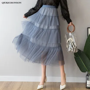 

Long Tulle Skirts Women Spring Autumn Boho Cute Ladies Elastic High Waist Layered Ruffle Mesh Pleated Skirt Midi Length tule rok