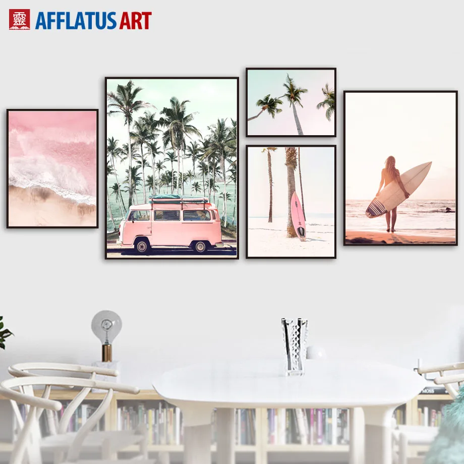

Pink Bus Sea Beach Coconut Tree Landscape Wall Art Canvas Painting Nordic Posters And Prints Wall Pictures For Living Room Decor