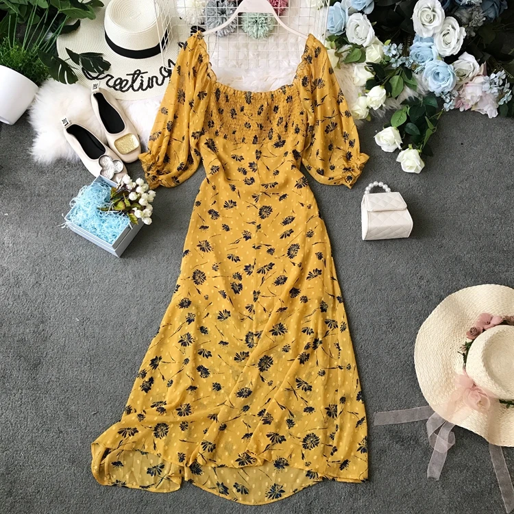 

French Niche Sexy Slash Neck Strapless Fairy Dress Summer Women Chiffon Long Dress Travel Holiday Strap Print Slim Yellow Dress