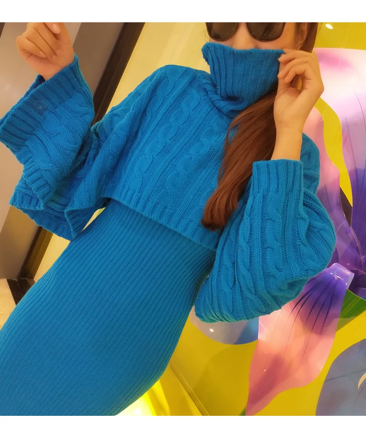HAMALIEL подиумное зимнее женское платье из 2 частей синий плащ вязаный Turtlenek Свободный укороченный+ жилет длинный Сплит Bodycon юбка-карандаш костюмы