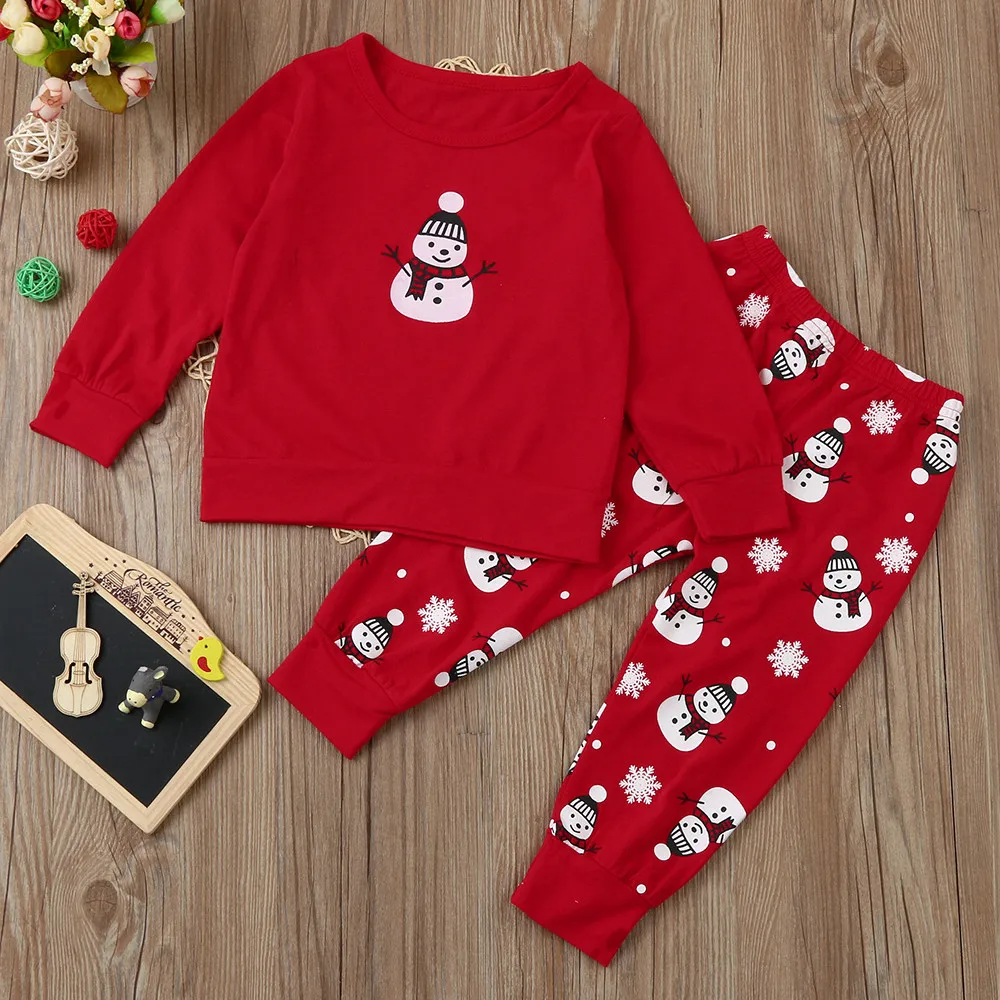 Прямая поставка; популярная одежда красного цвета; Рождественская Одежда для новорожденных; одежда для маленьких мальчиков и девочек; Футболка с принтом; комплект из топа и штанов;