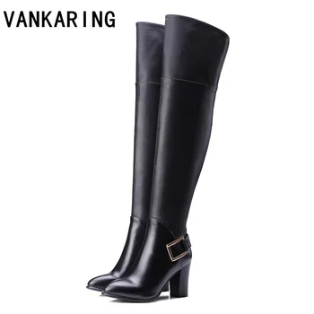 

VANKARING fashion buckle autumn winter snow boots women over the knee high boots black leather high heels warm shoes platform