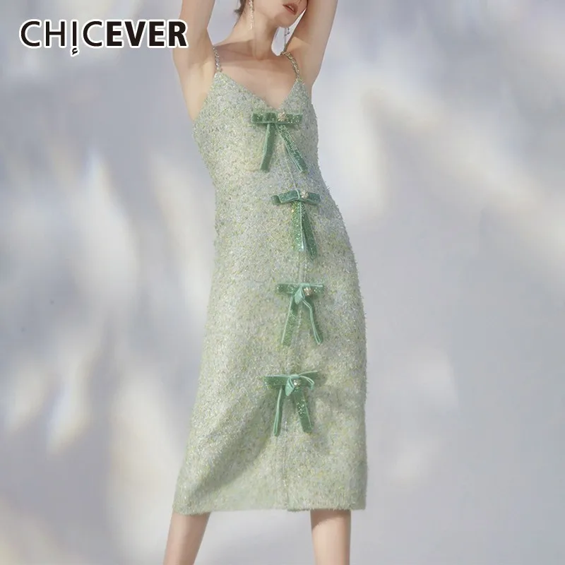 

CHICEVER Diamonds A Line Dress Women V Neck Sleeveless Off Shoulder High Waist Bow Patchwork Dresses Female Fashion New Summer