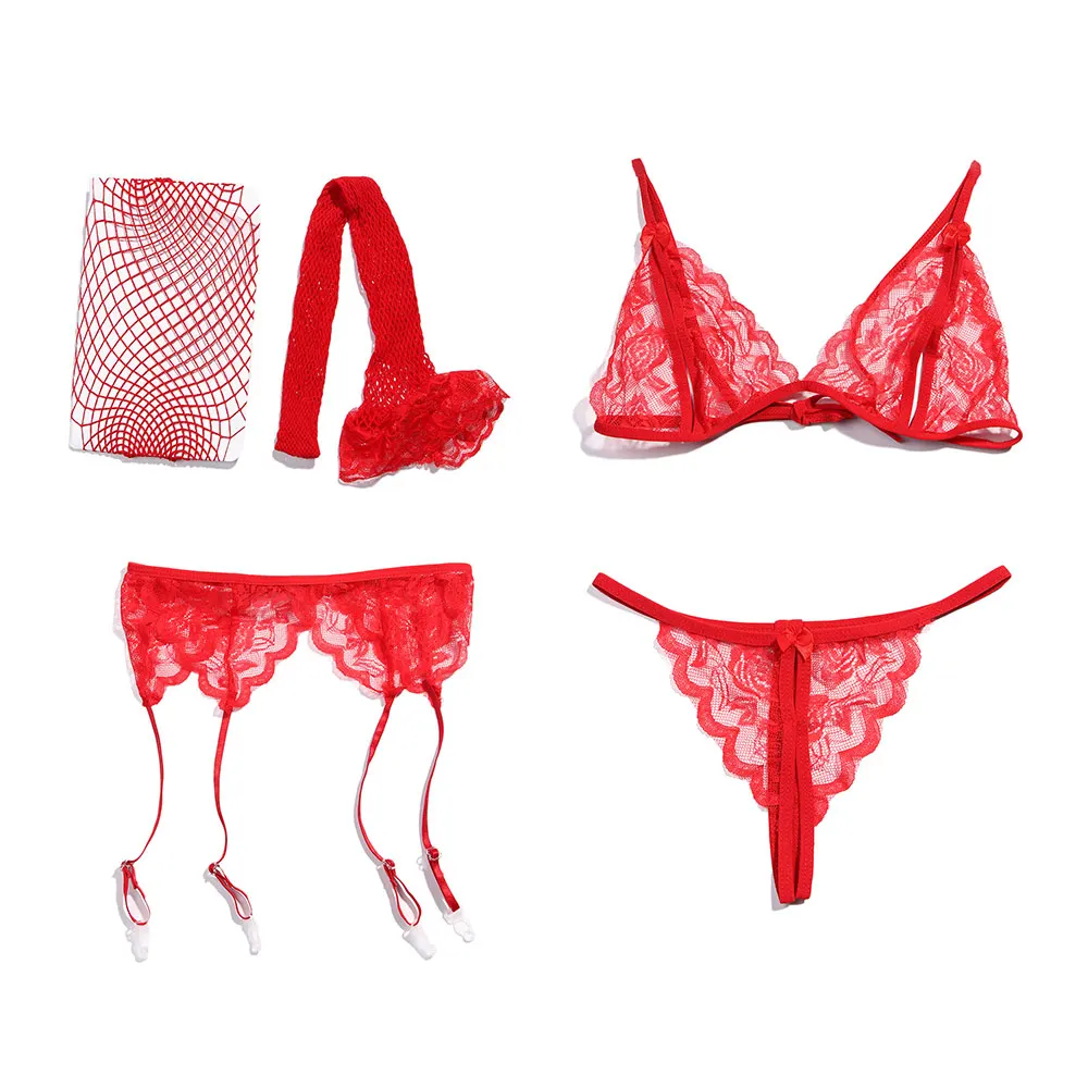 4pcs/set Sexy Exotic Underwear Lingerie Set Women Lace Bralette Bra With G-string And Garter with Stocking Charming Lingerie Set - Цвет: Red