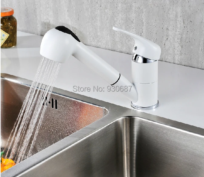 

White Pull-out Kitchen Sink Faucet Single Handle Single Hole Mixer Tap
