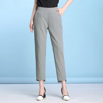 

Nonis Breathable Pants Elastic Mid Waist Summer Thin Loose Women Ankle Length Cool Pants Plus Size 5xl Female Wash Trousers