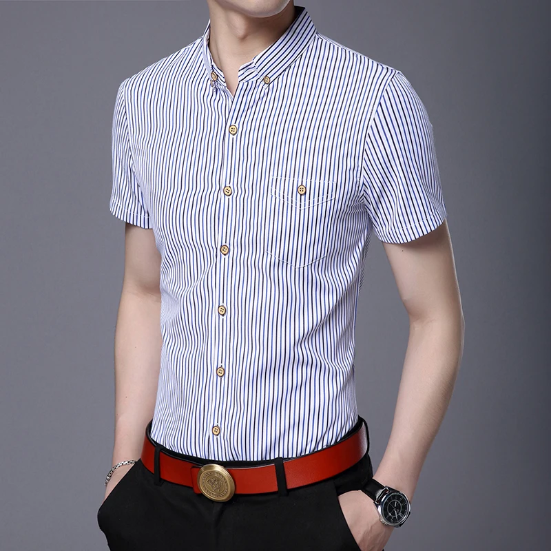 YYear Mens Shirt Casual Striped Slim Short Sleeve Pocket Summer Button Down Shirt